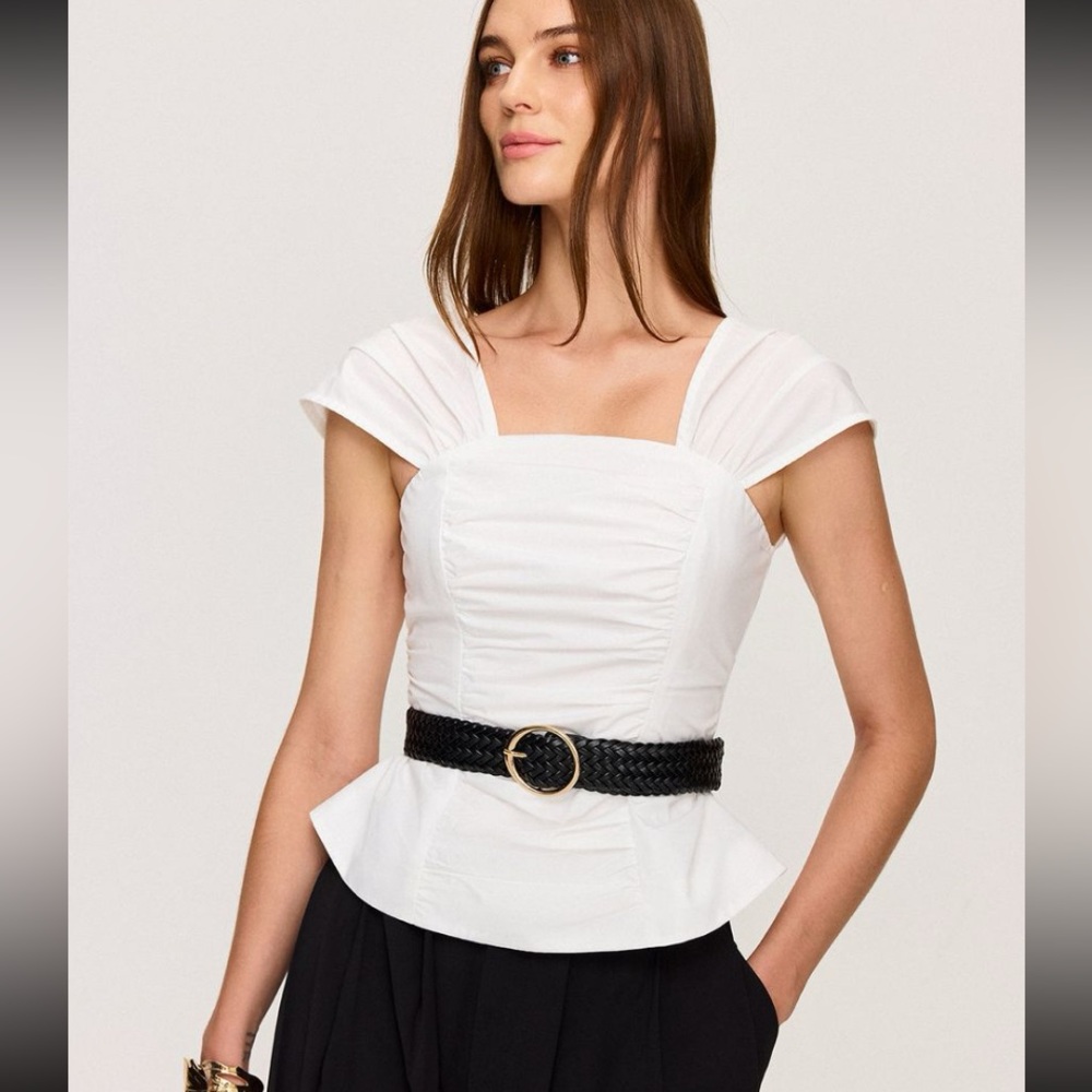 Elegant White Peplum Top belted ruched XS